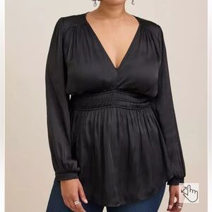 Torrid Peplum Satin Smocked Waist Top Gypsy Boho Peasant Bohemian Black 4X